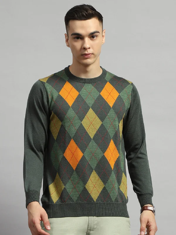 Men's Sweaters with Smocked Bodice for a Fitted Look Men Green Geometric Round Neck Full Sleeve Pullover Men's Sweaters with Smocked Bodice for a Fitted Look Men Green Geometric Round Neck Full Sleeve Pullover