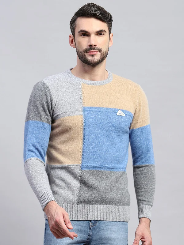 Men's Anti - Pilling Sweaters for Long - lasting Wear Men Grey Colourblocked Round Neck Full Sleeve Pullover Men's Anti - Pilling Sweaters for Long - lasting Wear Men Grey Colourblocked Round Neck Full Sleeve Pullover