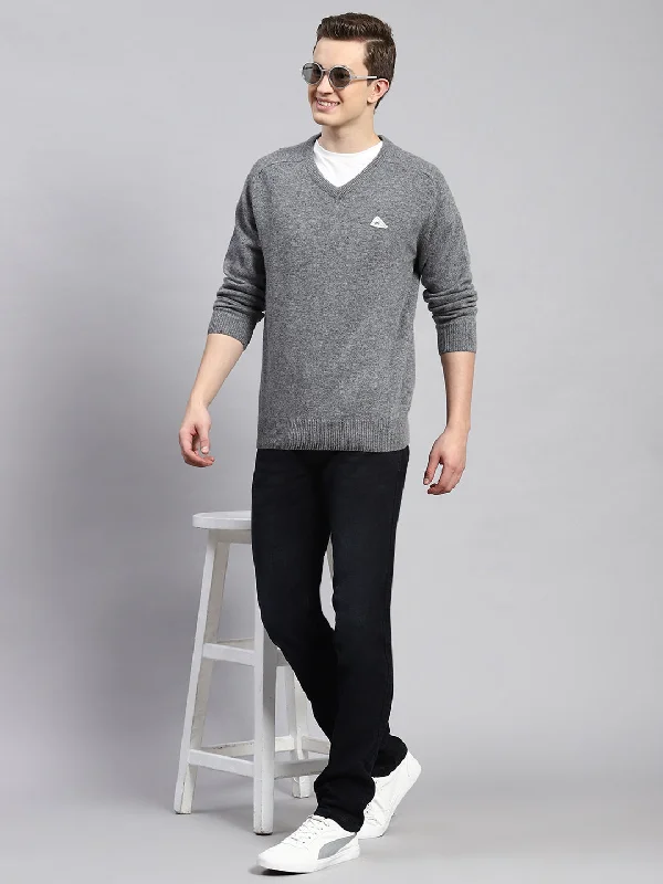 Men's Mohair - Blend Sweaters for a Fuzzy Texture​ Men Grey Solid Pullover