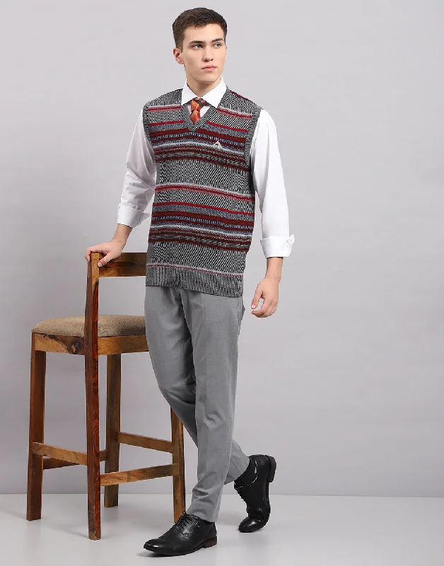 Men's Sweaters with Henley Neck for a Casual Look​ Men Grey Stripe V Neck Sleeveless Sweater