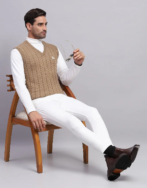  Men Khaki Self Design V Neck Sleeveless Sweater