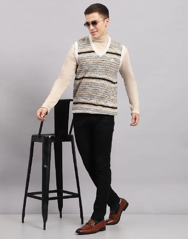  Men Multicolor Stripe V Neck Sleeveless Sweater