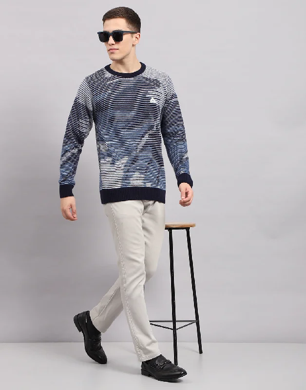 Men's Sweaters with Faux Fur Trim for a Cozy Look Men Navy Blue Self Design Round Neck Full Sleeve Pullover Men's Sweaters with Faux Fur Trim for a Cozy Look Men Navy Blue Self Design Round Neck Full Sleeve Pullover