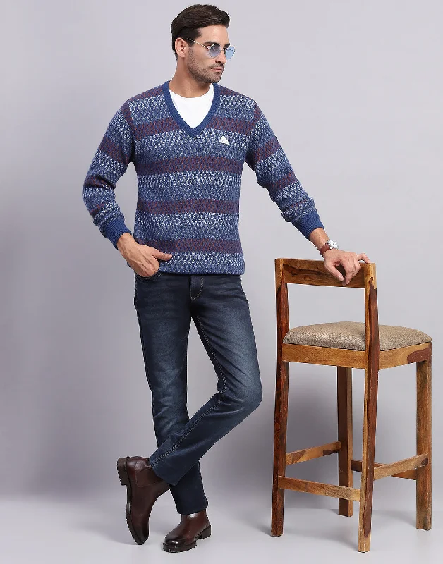 Men's Sweaters with Elastic - Cuffed Sleeves for a Casual Look Men Navy Blue Self Design V Neck Full Sleeve Pullover Men's Sweaters with Elastic - Cuffed Sleeves for a Casual Look Men Navy Blue Self Design V Neck Full Sleeve Pullover