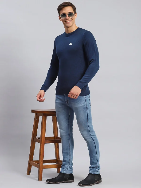  Men Navy Blue Solid Wool blend Pullover