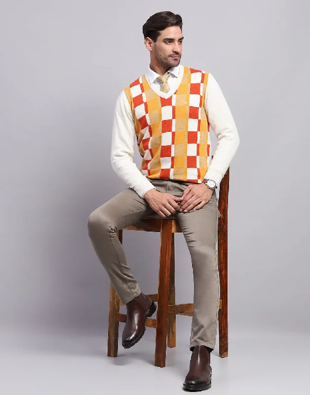 Men's Sweaters with Short Sleeves for Warmer Days Men Off White Self Design V Neck Full Sleeve Pullover Men's Sweaters with Short Sleeves for Warmer Days Men Off White Self Design V Neck Full Sleeve Pullover