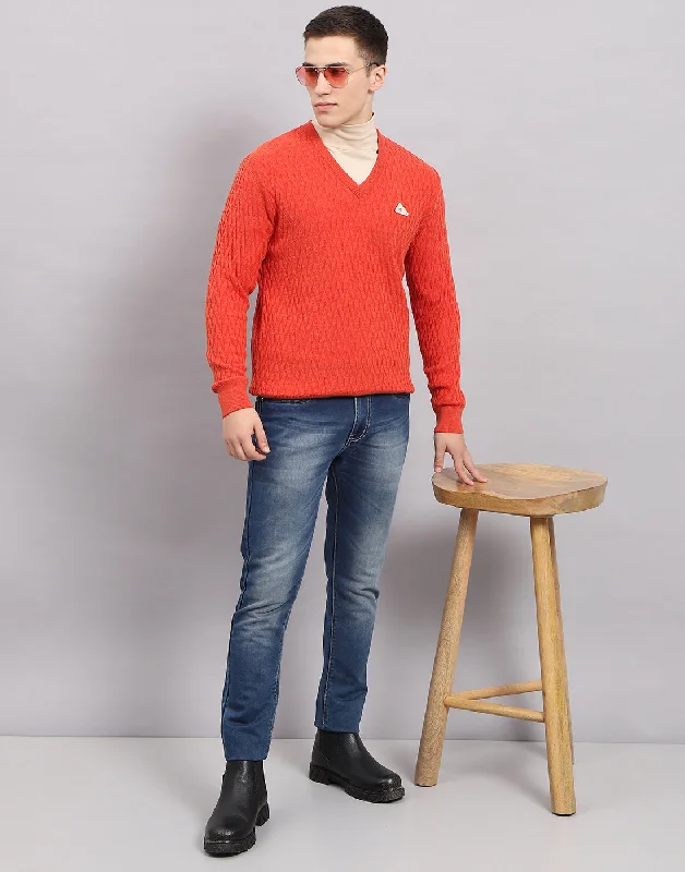 Men's Sweaters with Printed Logos for a Branded Look Men Orange Self Design V Neck Full Sleeve Pullover Men's Sweaters with Printed Logos for a Branded Look Men Orange Self Design V Neck Full Sleeve Pullover