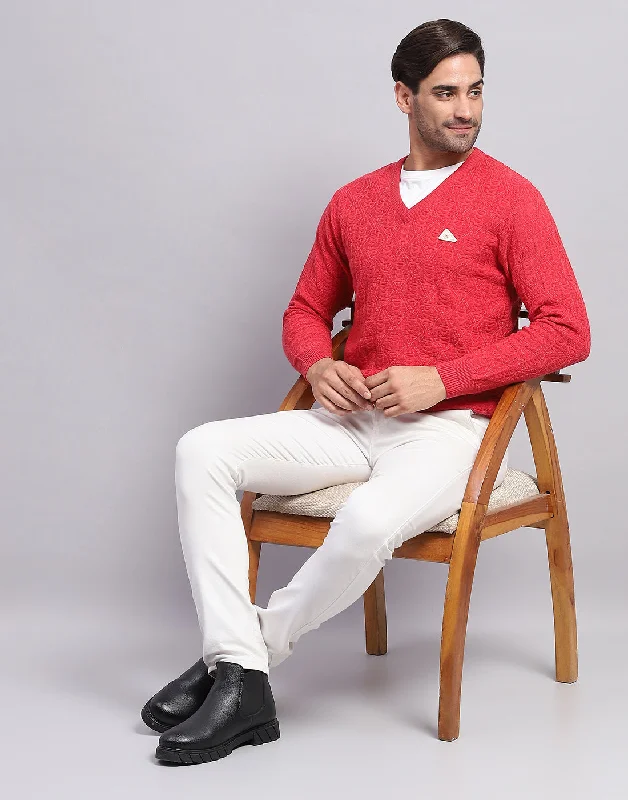  Men Pink Self Design V Neck Full Sleeve Pullover