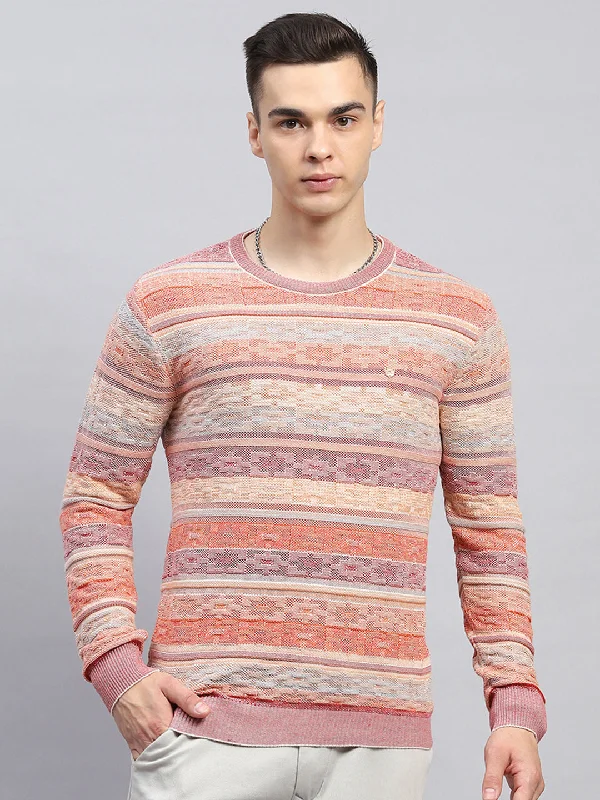 Men's Sweaters with Hood for Added Warmth Men Pink Stripe Round Neck Full Sleeve Pullover Men's Sweaters with Hood for Added Warmth Men Pink Stripe Round Neck Full Sleeve Pullover