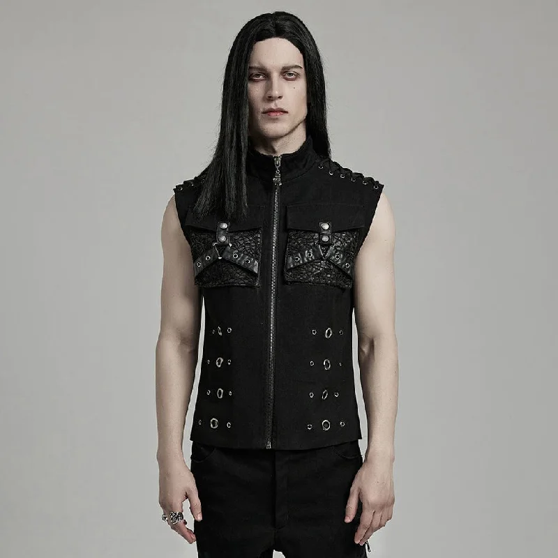 Men's Twill Vest in Burgundy with a Stand - Up Collar for a Sophisticated Look Men's Punk Faux Leather Big-pocket Eyelets Vest Men's Twill Vest in Burgundy with a Stand - Up Collar for a Sophisticated Look Men's Punk Faux Leather Big-pocket Eyelets Vest
