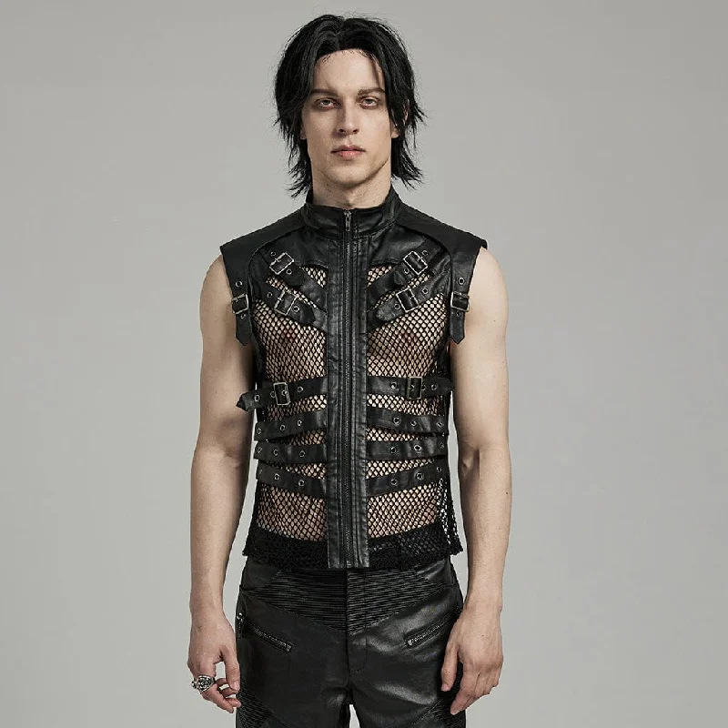 Plus Size Men's Sequin - Embellished Vest in Silver for a Glamorous Party Men's Punk Rock Multi-buckles Mesh Splice Faux Leather Vest Plus Size Men's Sequin - Embellished Vest in Silver for a Glamorous Party Men's Punk Rock Multi-buckles Mesh Splice Faux Leather Vest