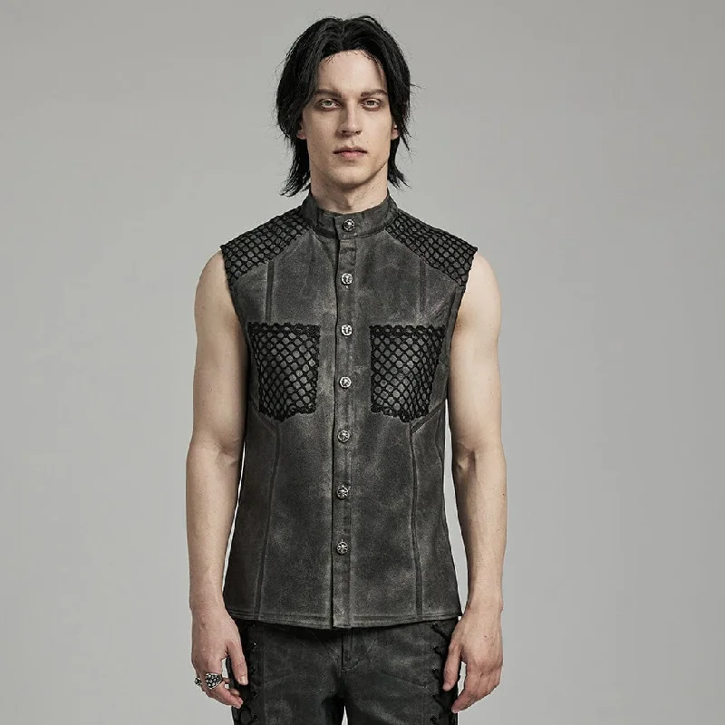 Tall Men's Zip - Up Fleece Vest in Gray for Outdoor Activities Men's Punk Rock Stand Collar Mesh Splice Black Grey Vest Tall Men's Zip - Up Fleece Vest in Gray for Outdoor Activities Men's Punk Rock Stand Collar Mesh Splice Black Grey Vest