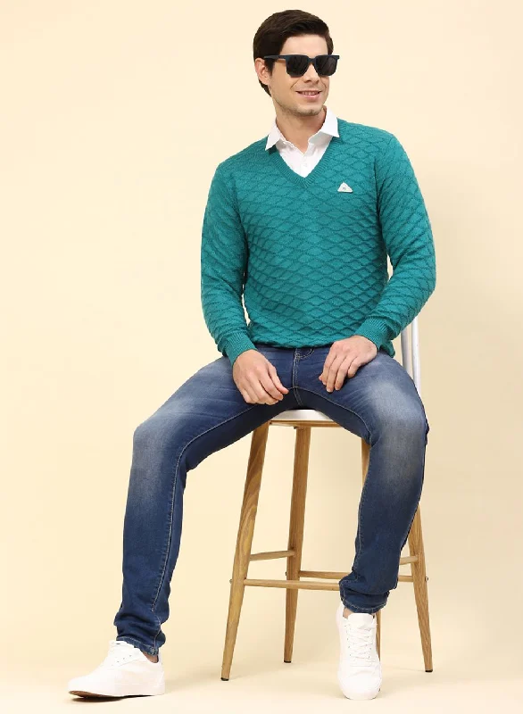 Men's Sustainable Sweaters Made from Organic Materials​ Men Blue Self Design Wool blend Pullover