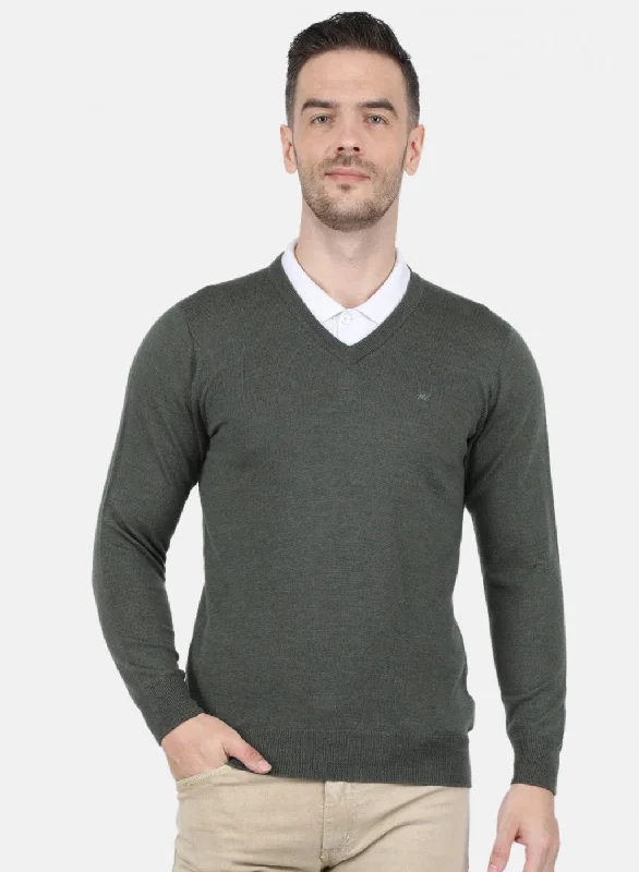 Men's Sweaters with Pleated Front for a Structured Look​ Men Olive Solid Pullover