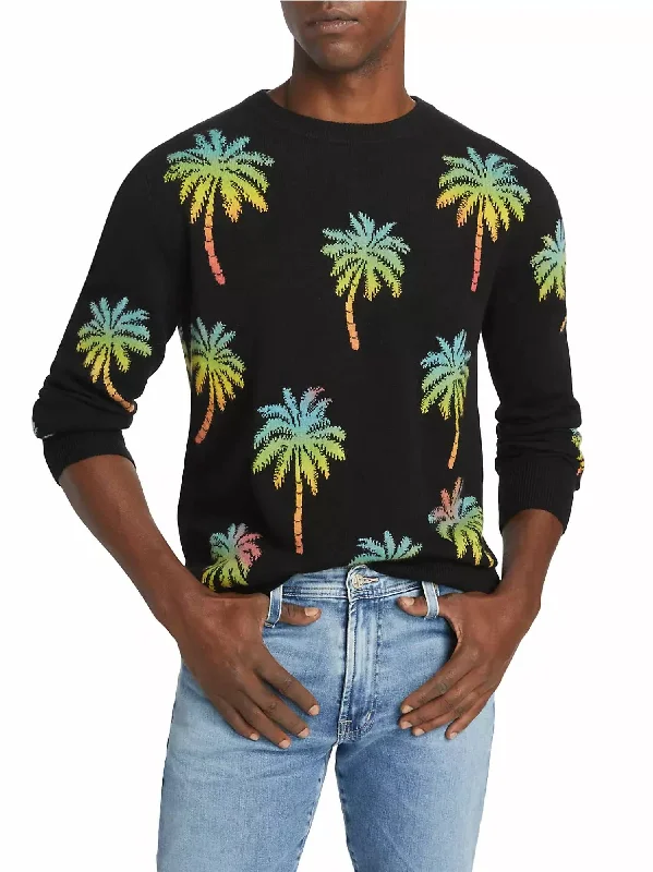 Men's Tall - Sized Sweaters for Larger Statures Ombre Dye Palm Tree Crew Sweater In Black Rainbow Men's Tall - Sized Sweaters for Larger Statures Ombre Dye Palm Tree Crew Sweater In Black Rainbow