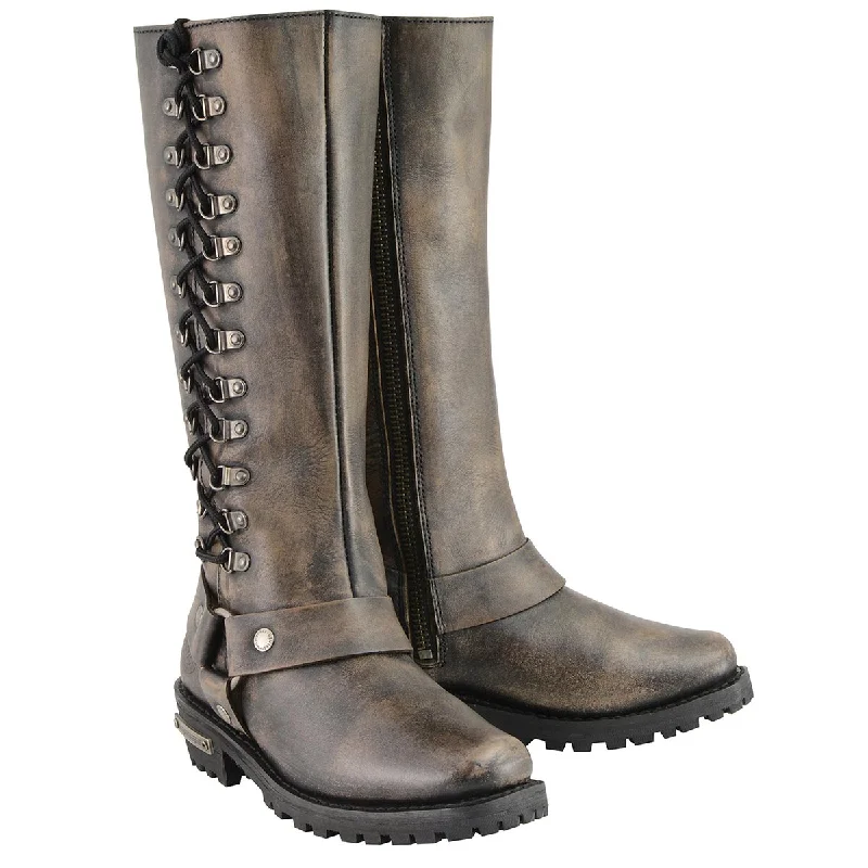 Women's tall boots with a feather - trimmed opening Milwaukee Leather Women's Distressed Brown Leather 14-inch Classic Harness Square Toe Motorcycle Rider Boots MBL9368