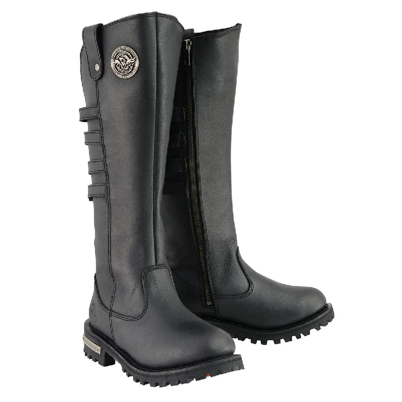 Women's tall boots with a geometric - printed shaft Milwaukee Leather MBL9345 Women's Black 15-inch High Rise Leather Riding Boots with Four Calf Buckles