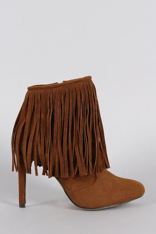 women's booties for spring Almond Toe Fringe Suede Stiletto Heeled Booties