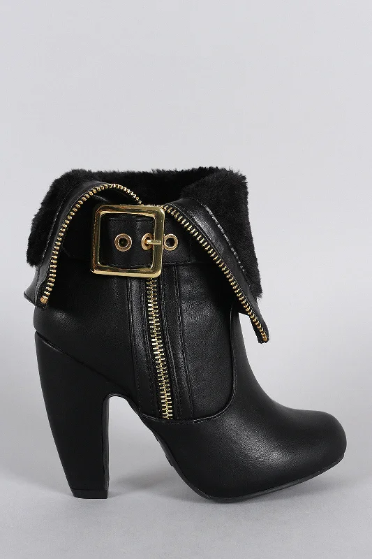 women's suede booties Bamboo Faux Fur Cuff Buckle Strap Heeled Ankle Boots