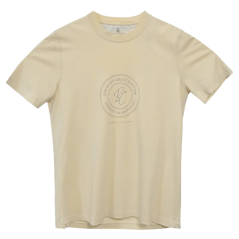 Men's UV - protection t - shirts for outdoor activities in the sunBrunello Cucinelli 'Harmony, Grace, Rhythm' T-Shirt in Light Yellow Cotton Men's UV - protection t - shirts for outdoor activities in the sunBrunello Cucinelli 'Harmony, Grace, Rhythm' T-Shirt in Light Yellow Cotton