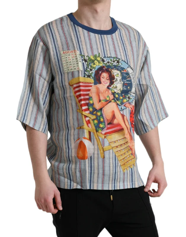 Men's slim - fit graphic t - shirts with vintage rock band printsDolce & Gabbana Elegant Linen T-Shirt with AGOSTO Men's Motif Men's slim - fit graphic t - shirts with vintage rock band printsDolce & Gabbana Elegant Linen T-Shirt with AGOSTO Men's Motif
