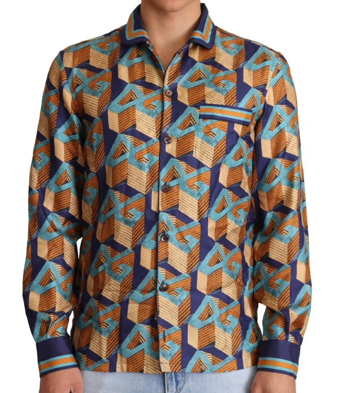 Men's smart - casual checkered t - shirts for semi - formal occasionsDolce & Gabbana Elegant Silk Casual Shirt with DG Men's Logo Men's smart - casual checkered t - shirts for semi - formal occasionsDolce & Gabbana Elegant Silk Casual Shirt with DG Men's Logo