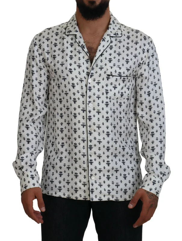 Men's short - sleeve linen t - shirts for summer beach outingsDolce & Gabbana Elegant Silk Pajama Top with Crown Bee Men's Print Men's short - sleeve linen t - shirts for summer beach outingsDolce & Gabbana Elegant Silk Pajama Top with Crown Bee Men's Print