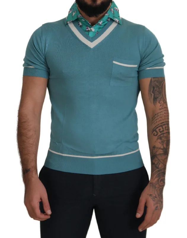 Men's slim - fit graphic t - shirts with vintage rock band printsDolce & Gabbana Elegant Silk Polo Tee with Boat Collar Men's Print Men's slim - fit graphic t - shirts with vintage rock band printsDolce & Gabbana Elegant Silk Polo Tee with Boat Collar Men's Print