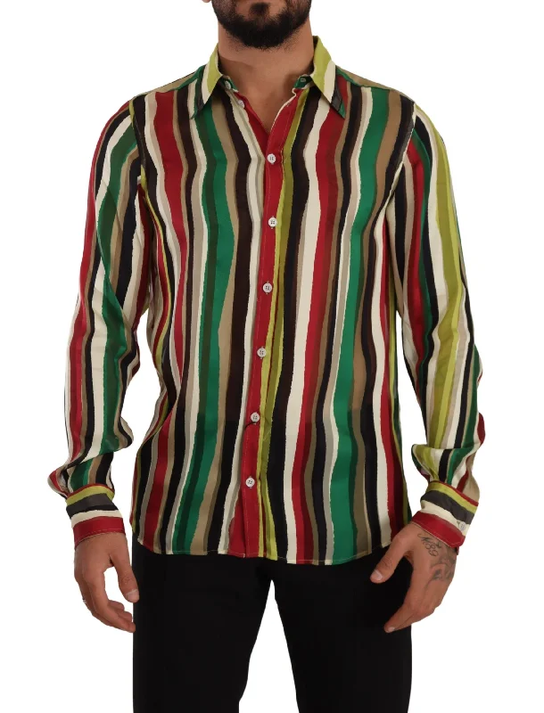 Men's polo t - shirts with a contrast collar for a preppy lookDolce & Gabbana Elegant Striped Silk Blend Men's Shirt Men's polo t - shirts with a contrast collar for a preppy lookDolce & Gabbana Elegant Striped Silk Blend Men's Shirt
