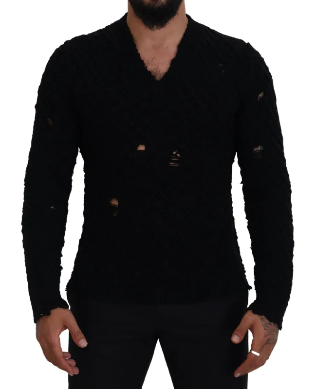 Men's button - front t - shirts with a unique artistic printDolce & Gabbana Elegant  Wool-Blend V-Neck Men's Sweater