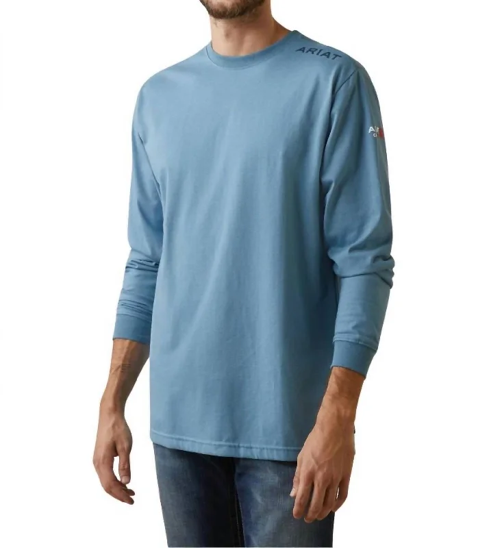 Men's plus - size pocket t - shirts with a classic lookFire Resistant Raising The Flag Work T-Shirt In Steel Blue Men's plus - size pocket t - shirts with a classic lookFire Resistant Raising The Flag Work T-Shirt In Steel Blue