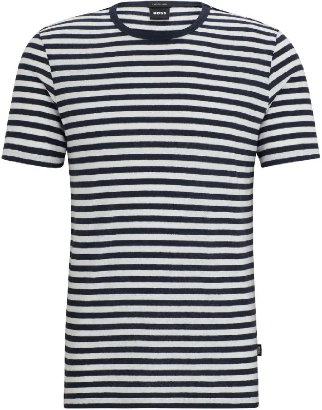 Men's distressed denim - look t - shirts with a rugged appealHugo Boss Men's Tiburt 457 Striped Linen Short Sleeve Crew Neck T-Shirt, Navy/White Men's distressed denim - look t - shirts with a rugged appealHugo Boss Men's Tiburt 457 Striped Linen Short Sleeve Crew Neck T-Shirt, Navy/White