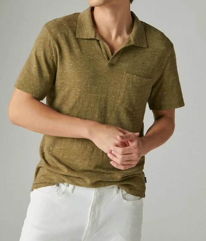 Men's slim - fit graphic t - shirts with vintage rock band printsLinen Short Sleeve Johnny Collar Polo In Olive Men's slim - fit graphic t - shirts with vintage rock band printsLinen Short Sleeve Johnny Collar Polo In Olive