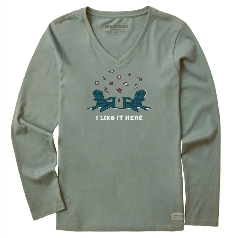 Men's slim - fit graphic t - shirts with vintage rock band printsMens' Adirondacks I Like It Here Fall Shirt In Moss Green Men's slim - fit graphic t - shirts with vintage rock band printsMens' Adirondacks I Like It Here Fall Shirt In Moss Green