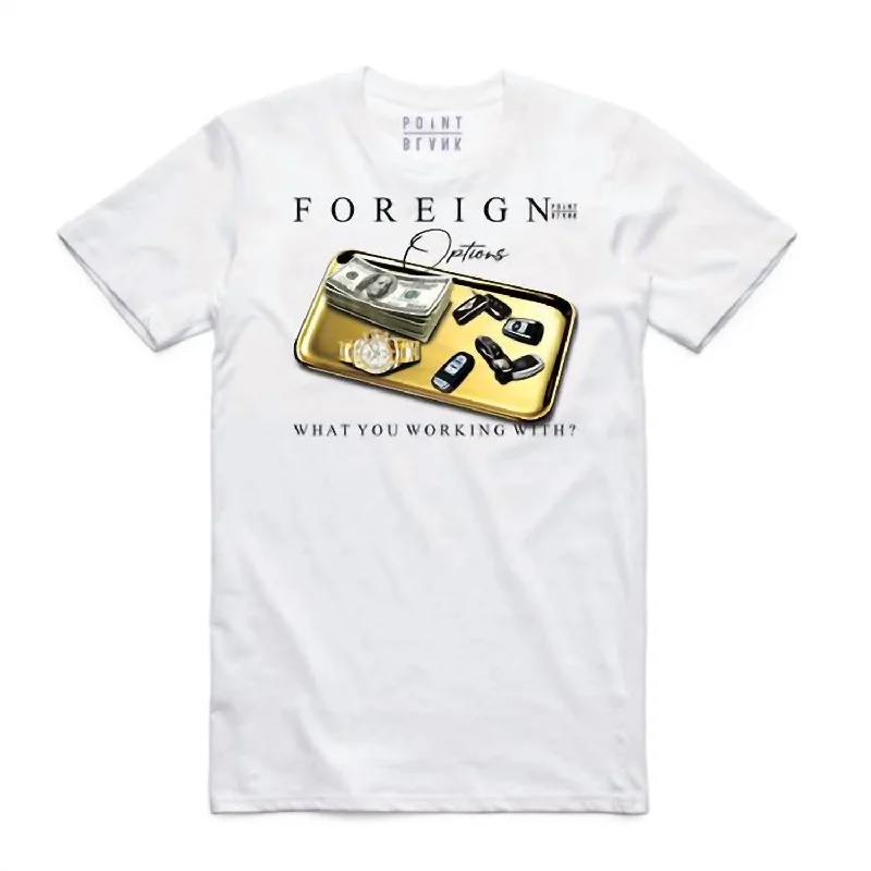 Men's button - front t - shirts with a unique artistic printMen's Foreign Options T-Shirt In White Men's button - front t - shirts with a unique artistic printMen's Foreign Options T-Shirt In White