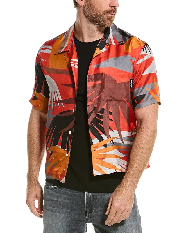 Men's distressed denim - look t - shirts with a rugged appealPalm Angels Hawaii Bowling Silk Shirt Men's distressed denim - look t - shirts with a rugged appealPalm Angels Hawaii Bowling Silk Shirt