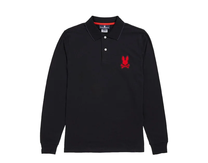 Men's slim - fit graphic t - shirts with vintage rock band printsPsycho Bunny Patchin Chenille Bunny L/S Polo Black Men's Shirt B6M892U1PC-BLK Men's slim - fit graphic t - shirts with vintage rock band printsPsycho Bunny Patchin Chenille Bunny L/S Polo Black Men's Shirt B6M892U1PC-BLK