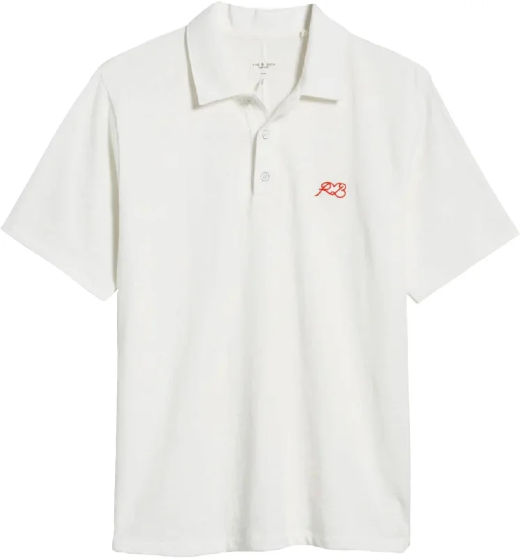 Men's eco - friendly recycled t - shirts for sustainable fashion choicesRag & Bone Love Rb Classic Flame Polo White Men's eco - friendly recycled t - shirts for sustainable fashion choicesRag & Bone Love Rb Classic Flame Polo White
