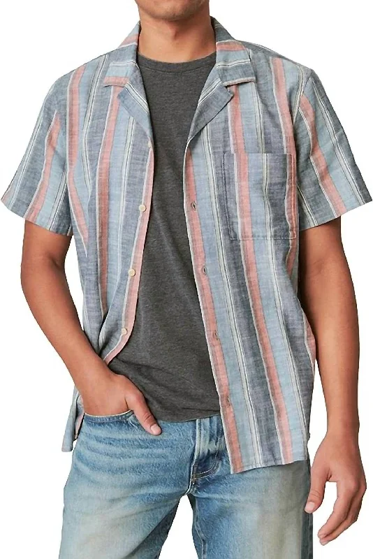 Men's mock - neck t - shirts with a modern and sleek styleStriped Short Sleeve Camp Collar In Indigo Stripe Men's mock - neck t - shirts with a modern and sleek styleStriped Short Sleeve Camp Collar In Indigo Stripe