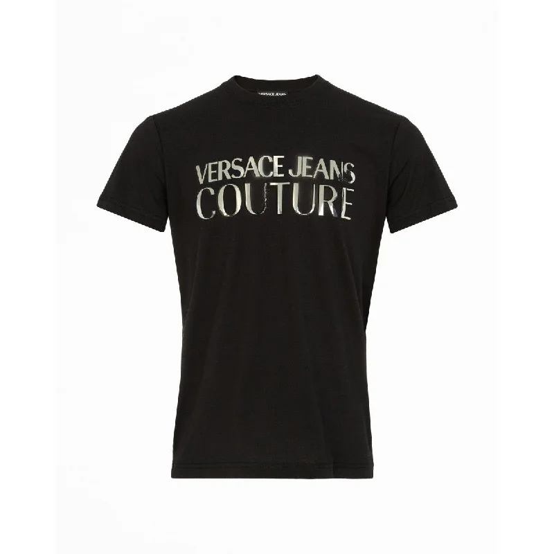 Men's mock - neck t - shirts with a modern and sleek styleVersace Jeans Couture Men's Black Silver Logo Short Sleeve T-Shirt Men's mock - neck t - shirts with a modern and sleek styleVersace Jeans Couture Men's Black Silver Logo Short Sleeve T-Shirt