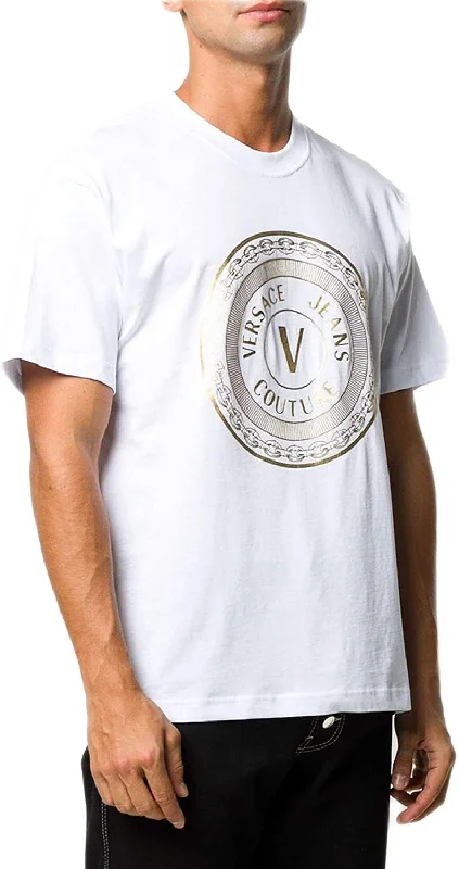 Men's eco - friendly recycled t - shirts for sustainable fashion choicesVersace Jeans Couture Men's White Gold Circle Logo Short Sleeve Crew Neck T-Shirt Men's eco - friendly recycled t - shirts for sustainable fashion choicesVersace Jeans Couture Men's White Gold Circle Logo Short Sleeve Crew Neck T-Shirt