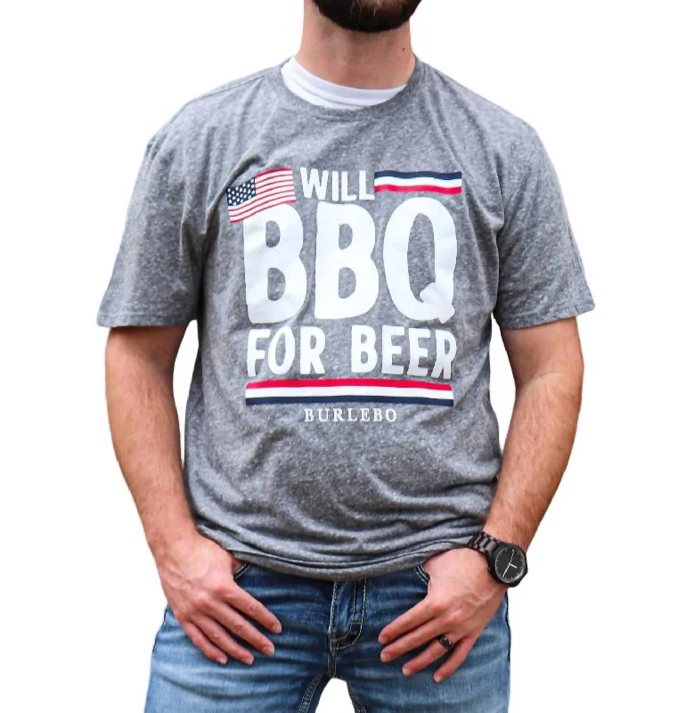 Men's tie - dye t - shirts with a bohemian style"will Bbq For Beer" Short Sleeve Tee In Heather Grey Men's tie - dye t - shirts with a bohemian style"will Bbq For Beer" Short Sleeve Tee In Heather Grey