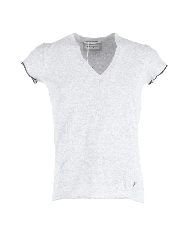 Men's slim - fit graphic t - shirts with vintage rock band printsYves Saint Laurent V-Neck T-Shirt in Light Grey Cotton Men's slim - fit graphic t - shirts with vintage rock band printsYves Saint Laurent V-Neck T-Shirt in Light Grey Cotton